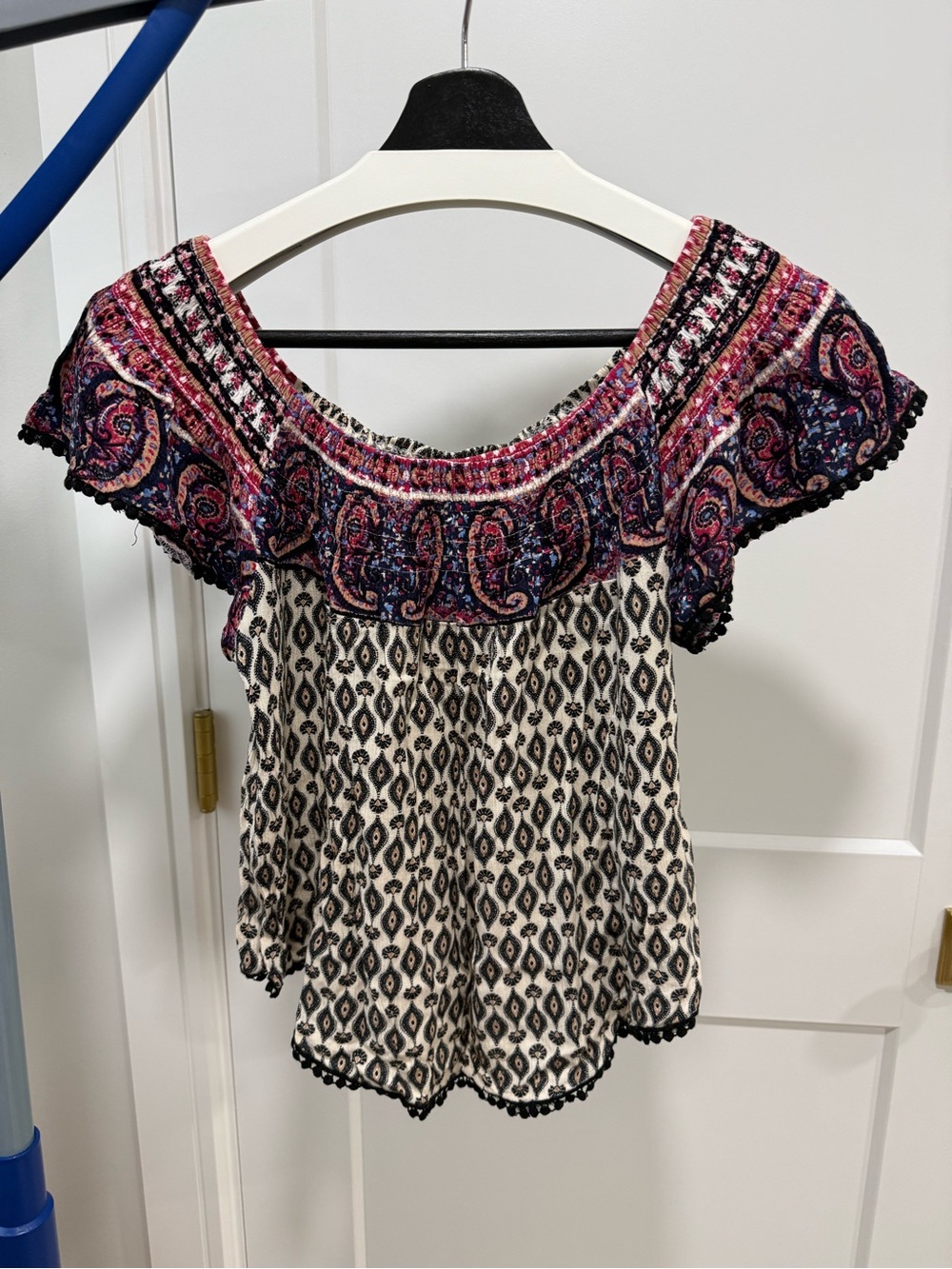Boho Off-Shoulder Peasant Top in Pink and Black